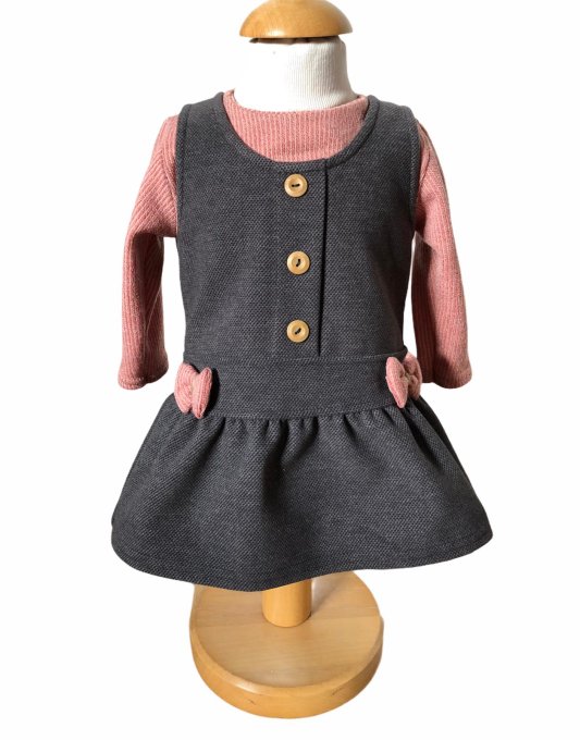 Robe bébé gris et rose avec petit nœud rose