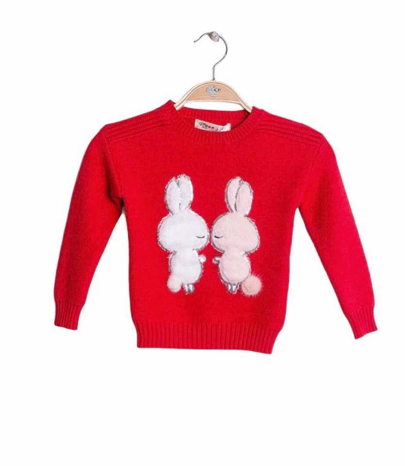 Pull-over rouge avec deux petits lapins blanc et rose