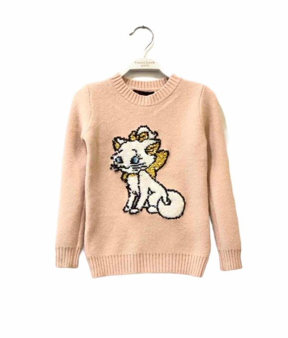 pull-over rose petit chat blanc  avec sequins réversibles