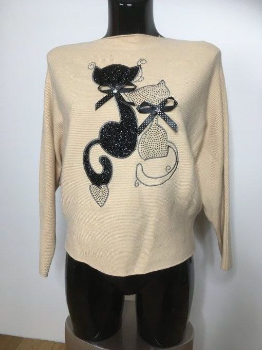 Pull Beige clair avec petit chat et strass