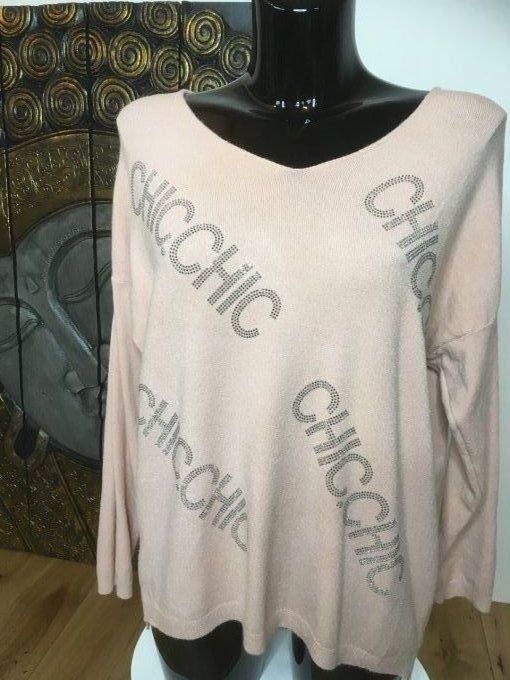 Pull Chic-Chic manche chauve souris et strass Rose